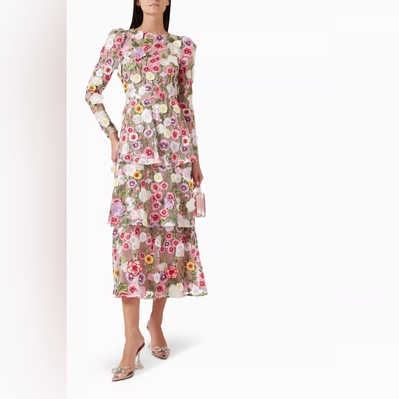 ELLIATT Neve Floral Tiered Gown Size S NWT Romantic Embroidered Mesh Midi Dress - Picture 2 of 8